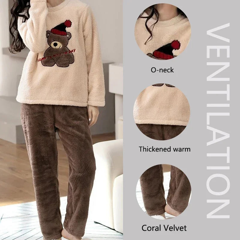 Thickened Warm Large Size Padded Fall and Winter Women's Pajamas Top and Pants Set Coral Velvet Ladies Cartoon Bear 2PCS/Set.