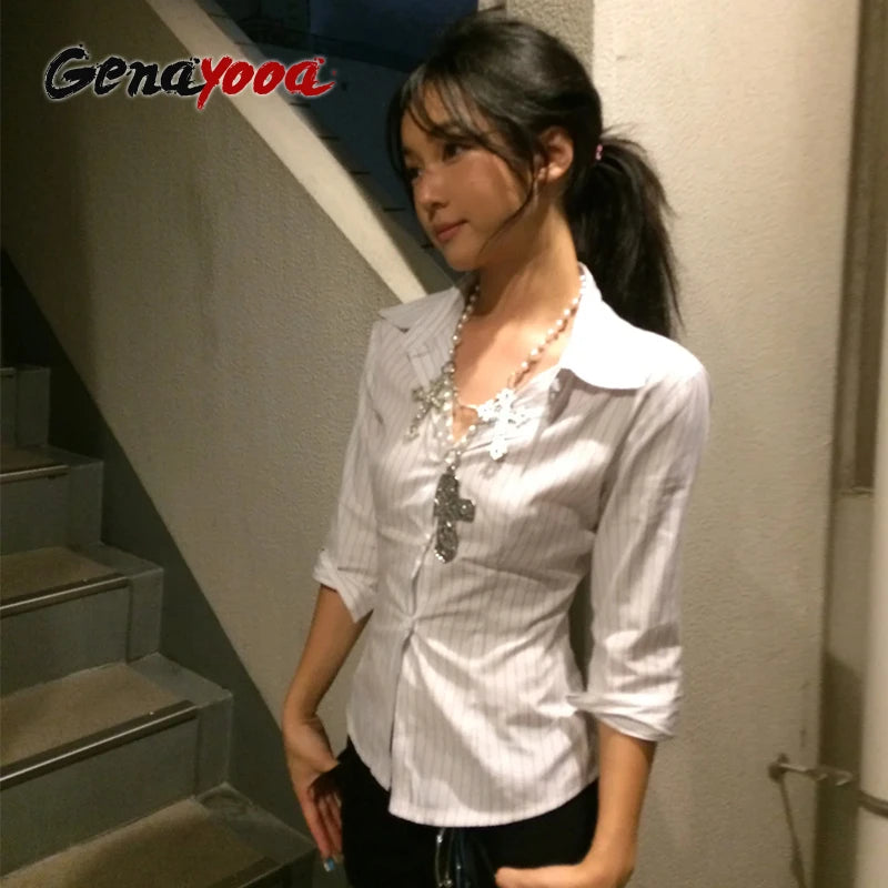 Genayooa Korean Style Casual Shirt Women Three Quarter Striped Shirts 2000s Japanese Y2k Vintage Tops Slim Retro Shirts Summer.
