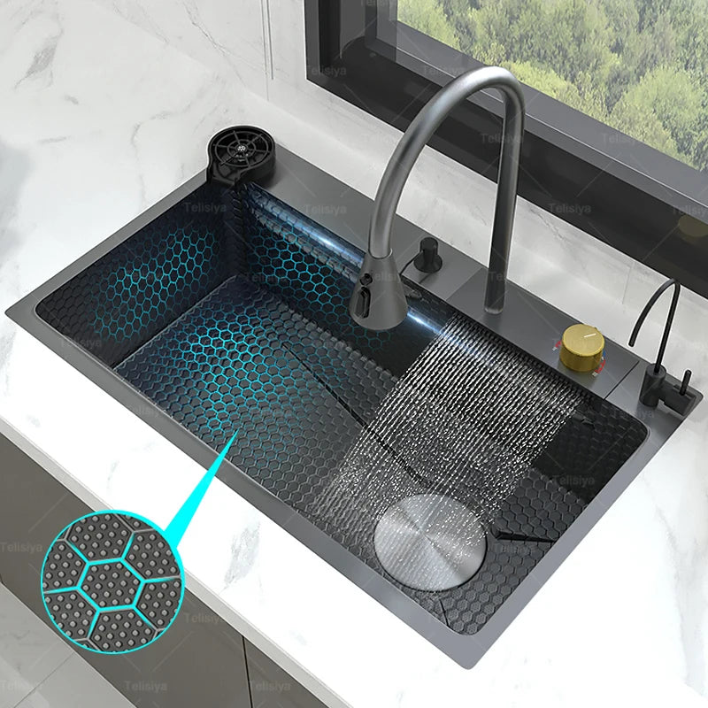 Stainless Steel New Kitchen Sink Household Piano Keys Multifunctional Waterfall Large Single Slot Dish and Vegetable Wash Basin