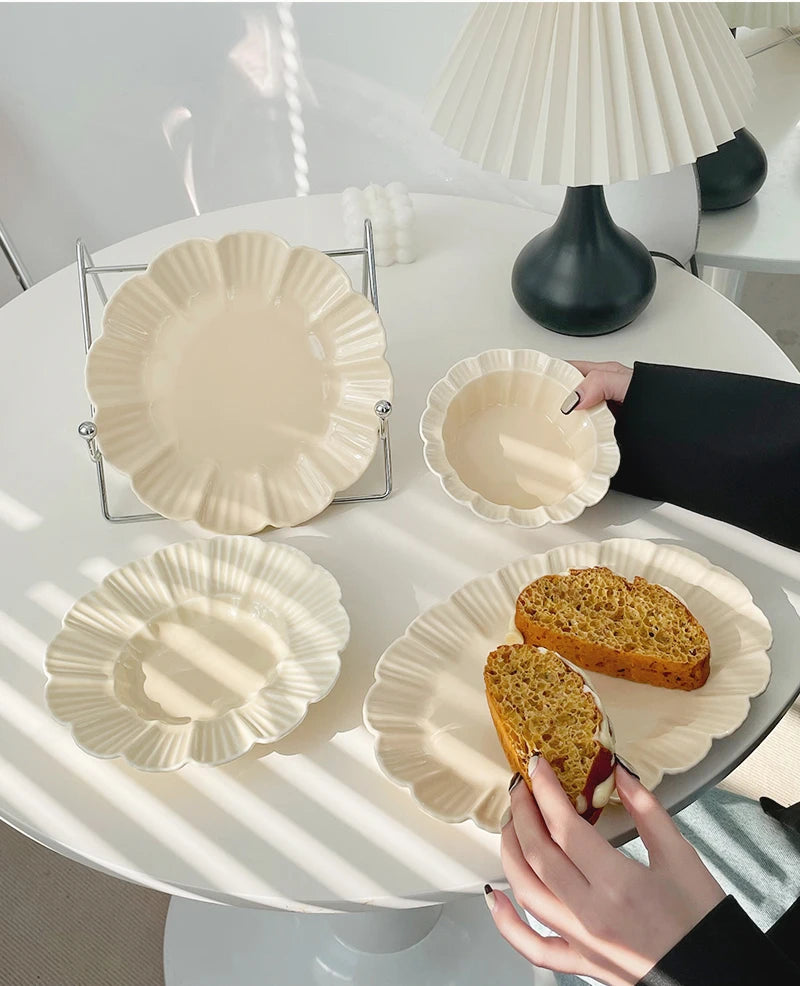 Ahunderjiaz-French Beige Ceramic Tableware Set, Underglaze Dessert Tray, Rice Bowl, Fish Plate, Kitchen Tableware Set, Cream Sty.