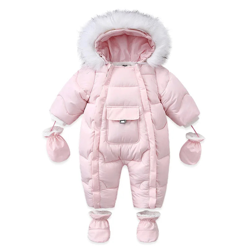 AYNIGIELL 2024 Winter Neugeborenen Verdickung Overall Integrierte Wolle Mit Kapuze Unten Strampler Baby Jungen und Mädchen Warme Schneefeste Overalls.