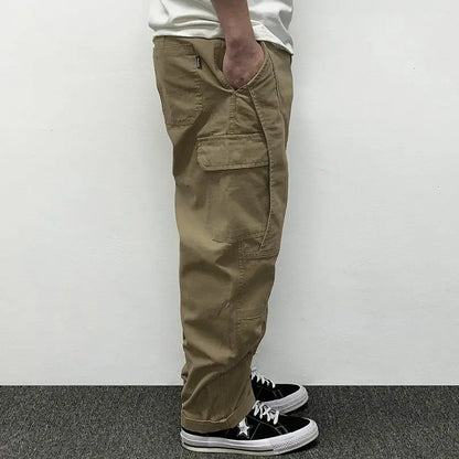 Autumn Men's Pants Multi-Pocket Cargo Pants Retro Solid Color Simple Loose Button Elastic Strap Casual Pants.