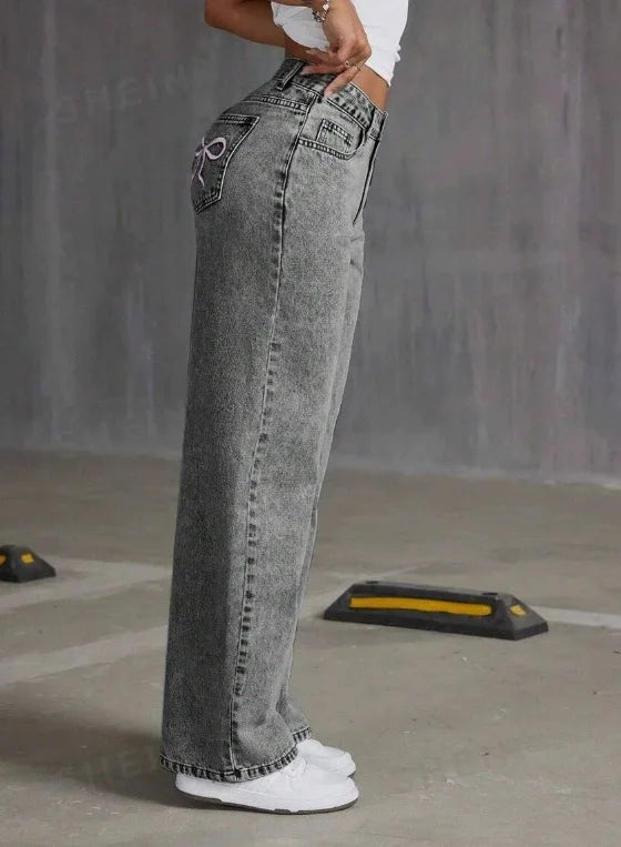 Jean Straight Pants Women Denim Washed Jeans Full Length Mom Embroidery Pockets Loose High Waist Vintage Zipper Fly Spliced.