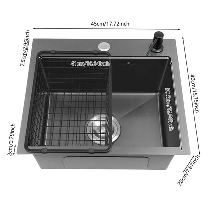 Küchenspüle, Schwarz, 45 x 40 cm, Küchenspüle, 1 Waschbecken, Edelstahl, quadratisch, moderne integrierte Spüle (ohne Wasserhahn)