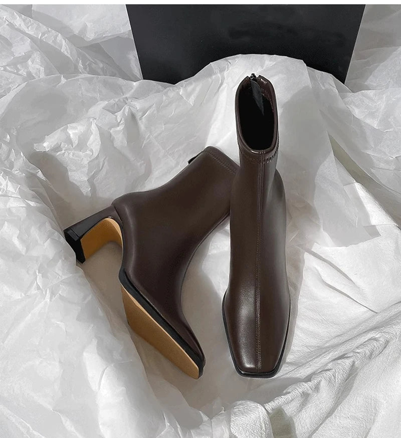 Vintage Warm Cotton Women Ankle Boots Fashion Elegant Square Toe Shoes Autumn Winter Thick Heel Women's Short Booties.
