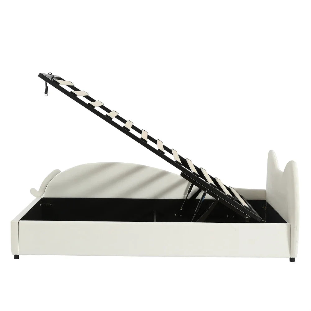 Polsterbett, Einzelbett, süßes Katzendesign, hydraulisches Bett mit Stauraum und Gürtelgriffen, stabiler Gitterrost, 90 x 200 cm