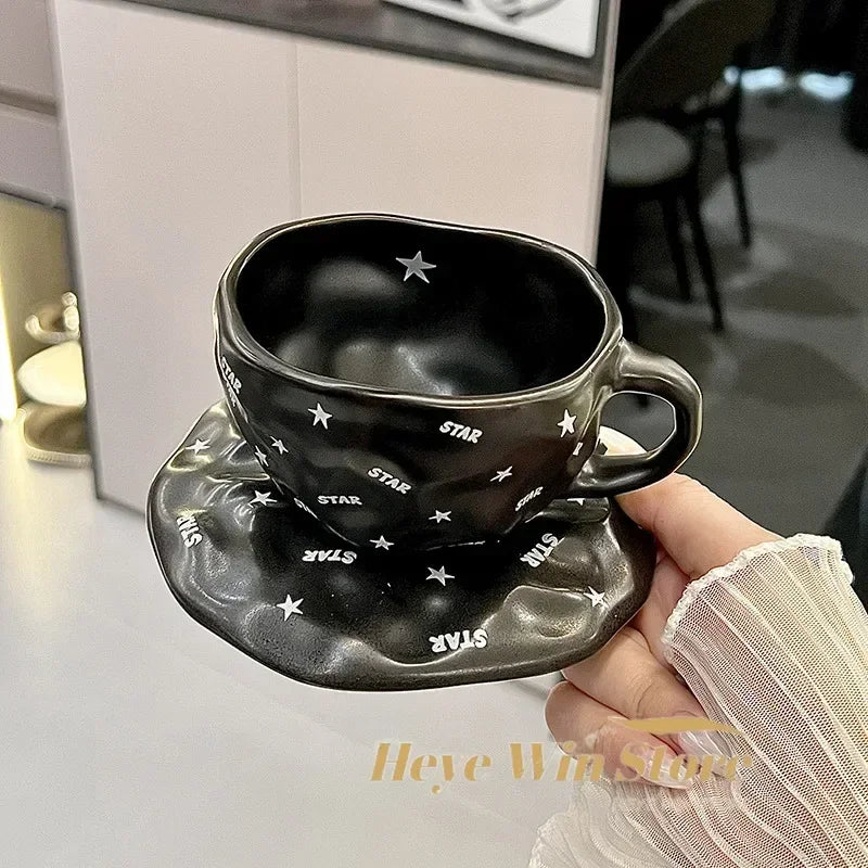 240ml Irregular Ceramic Coffee Cup and Saucer High Appearance Level Afternoon Teacup Office Home Milk Cup Water Cups for Couples.