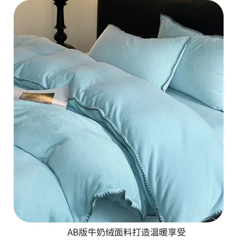 2024 new matte thin strip shell edge winter bed four-piece set milk fleece coral fleece thickened warm bed sheet quilt cover