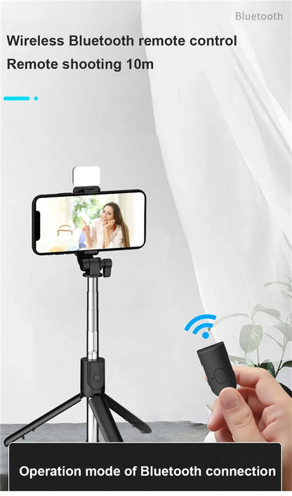 Portable Bluetooth Selfie Stick Tripod Holder with Remote Shutter Fill Light Extendable Wireless Remote Retractable Phone Stand.