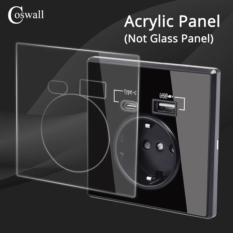 Coswall Typ-C-Schnittstellensteckdose, Vollspiegel, Kristallplatte, schwarze Wand, EU, Russland, Spanien, französische Standardsteckdose mit USB-Ladeanschluss.