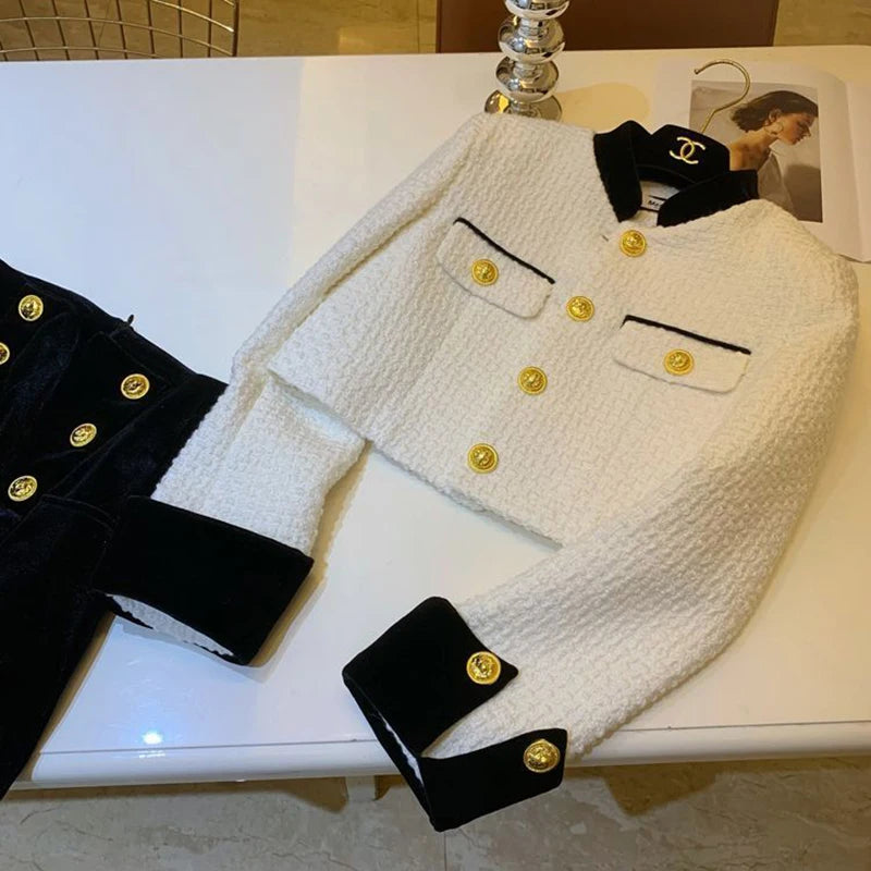 Mode Nähen Tweed Kurze Jacke Frauen Herbst Winter Elegante Büro Dame Mantel Y2K Koreanische O Neck Einreiher Crop Outwear.