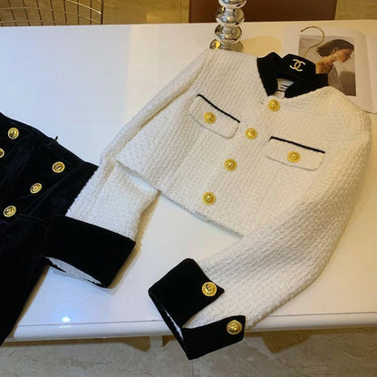 Mode Nähen Tweed Kurze Jacke Frauen Herbst Winter Elegante Büro Dame Mantel Y2K Koreanische O Neck Einreiher Crop Outwear.