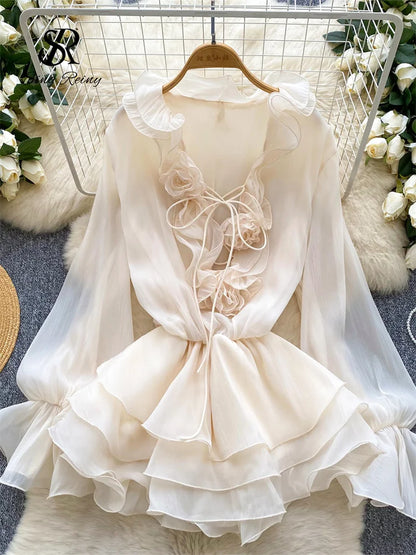 SINGREINY 3D Floral Strand Kurzes Kleid Weibliche Lange Ärmel Spitze Up Rüschen Chiffon Kuchen Sommerkleid Sheer Sexy Vintage Bohemian Kleid