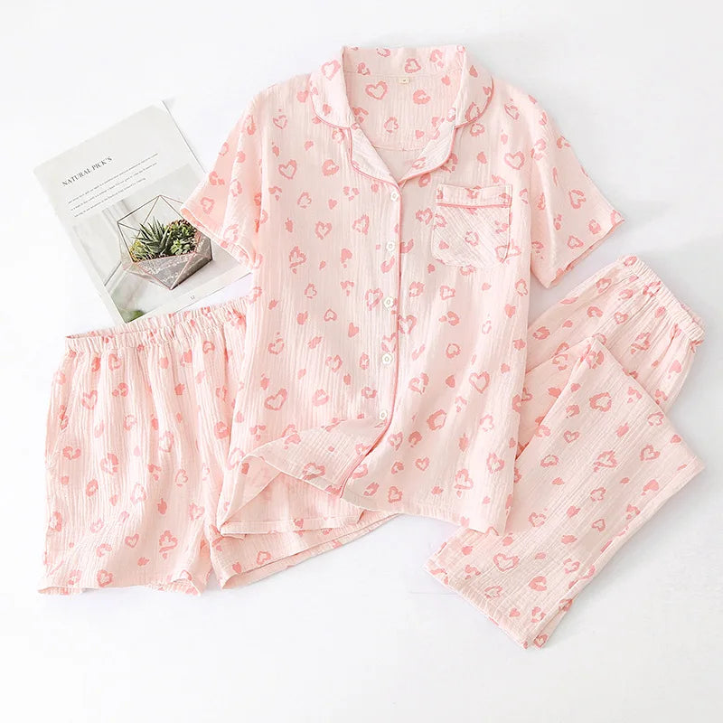 Pajamas pure cotton three-piece set spring and summer thin crepe autumn gauze lapel short-sleeved trousers shorts loungewear set