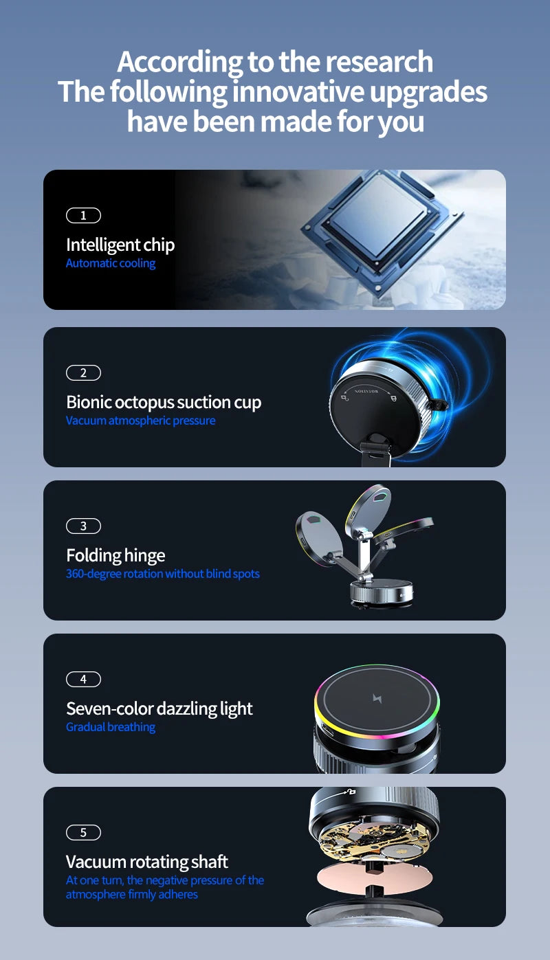 2025 New K3 Wireless Charger Car Phone Holder Colorful Light Vacuum Suction Cup Charging Can 360° Rotate Foldable Phone Holder.