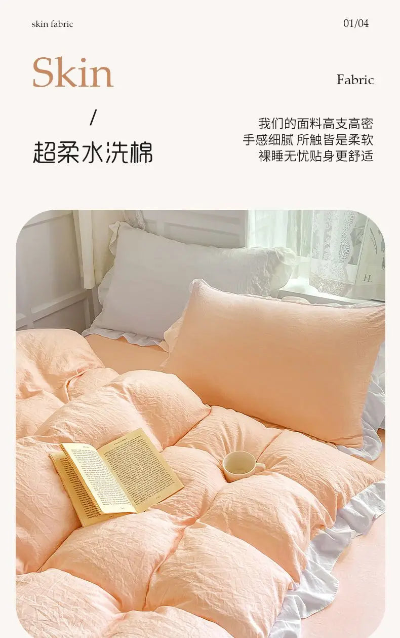 Korean Princess Style Duvet Cover Set No Filling Pink Blue Soft Washed Cotton Girls Favorite Ruffles Bed Linen Pillowcases.