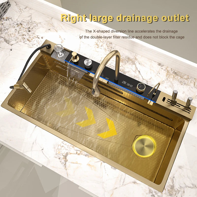 Golden Stainless Steel Kitchen Sink Waterfall Outlet Large Single Sink Digital Display Dishwashing and Vegetable Sinks