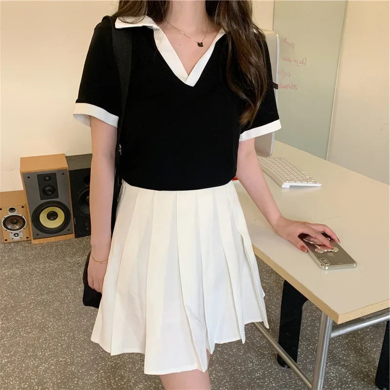 American Style Sweet And Spicy Girl Polo Shirt Women's Summer New Student Design Slimming Short Sleeve T-shirt Color Block.