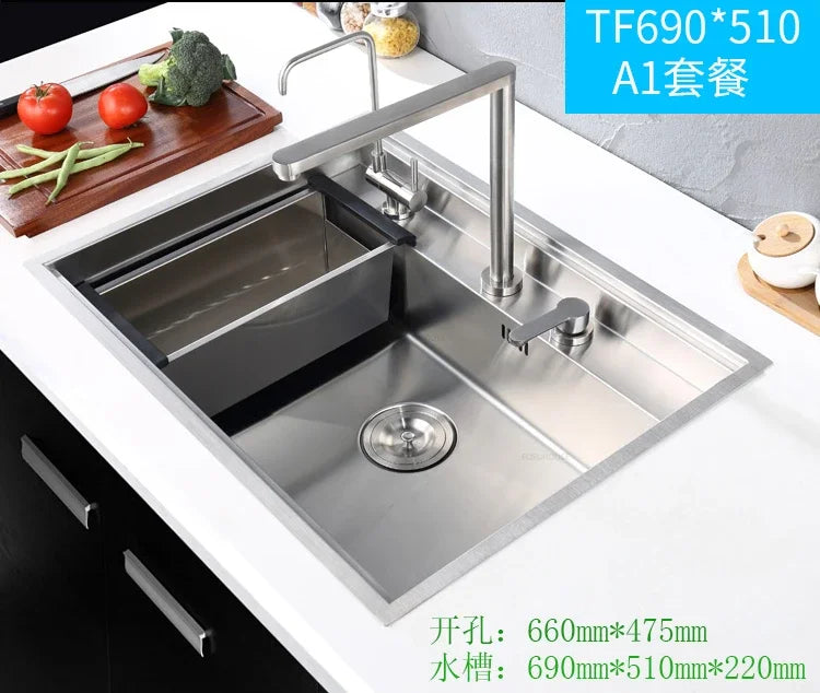 Hidden Stainless Steel Kitchen Sinks Modern Kitchen Accessories with Cover Kitchen Sink Dish Drainer Light Luxury Single Tank L