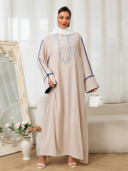Beige Abaya Embroidered with Blue Patterns on Neckline Sleeves with Trim for Middle East Daily Wear Islamic Festivities Ramadan.
