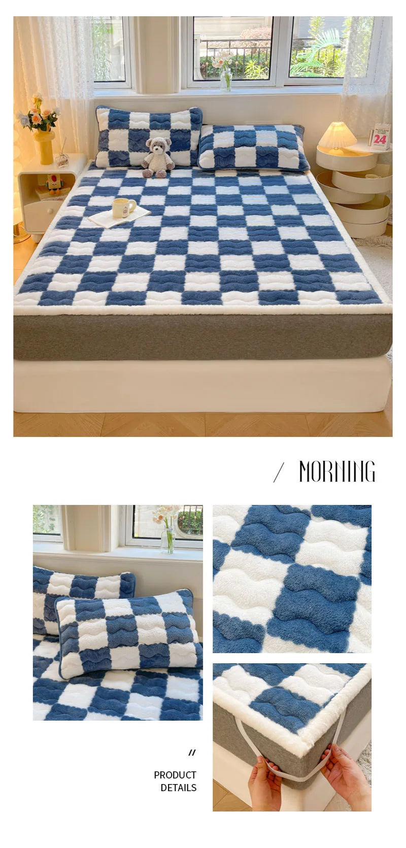 Checkered A-Class Thick Quilted Mattress 1 Pcs Warm Antibacterial Bed Pad for Autumn Winter Super Soft Fits Mattress for Single.