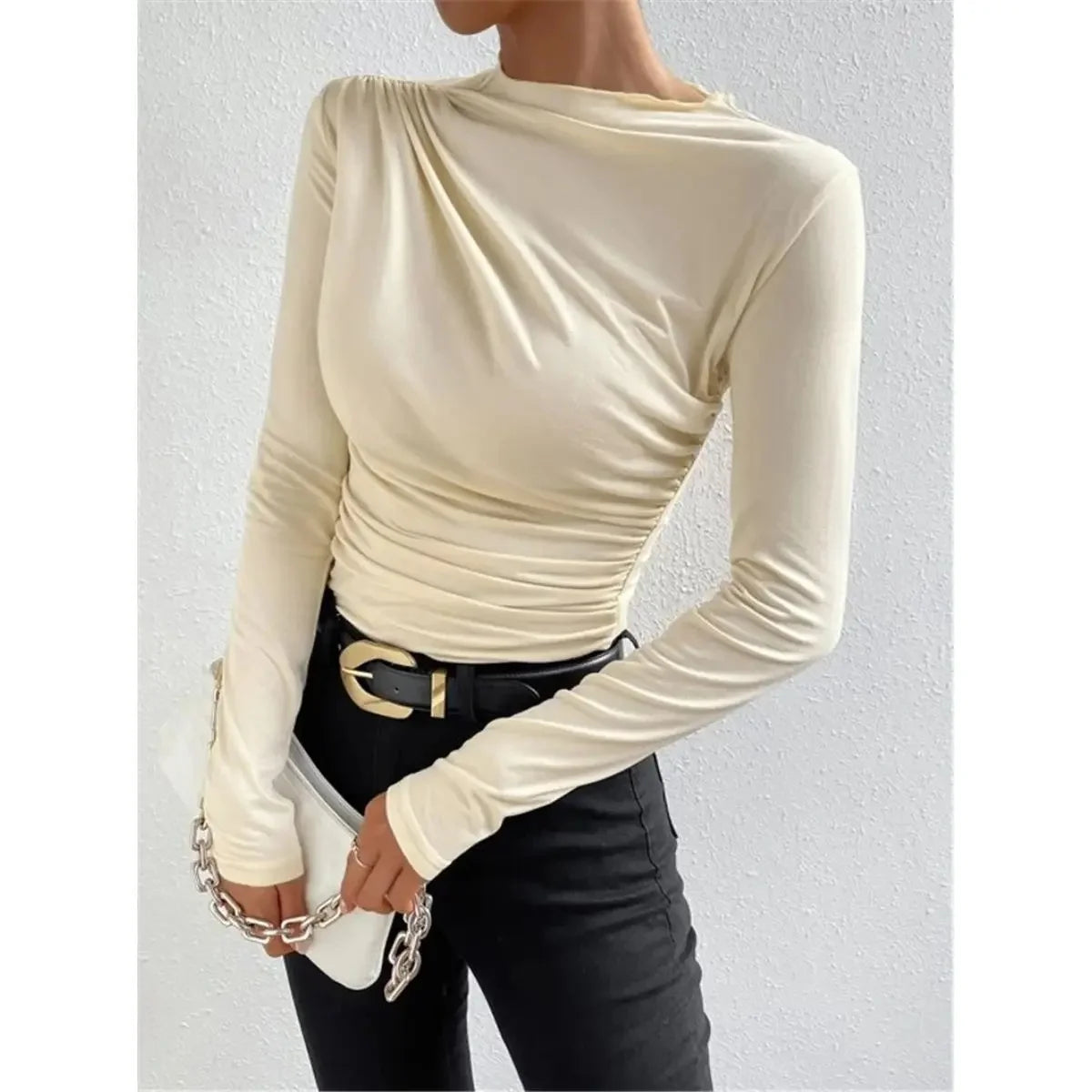 Slim Fit Long Sleeve Women's T-shirt Pure Color Design Pleated Detail Base Shirt Ladies Top Quality Material Comfortable Wear