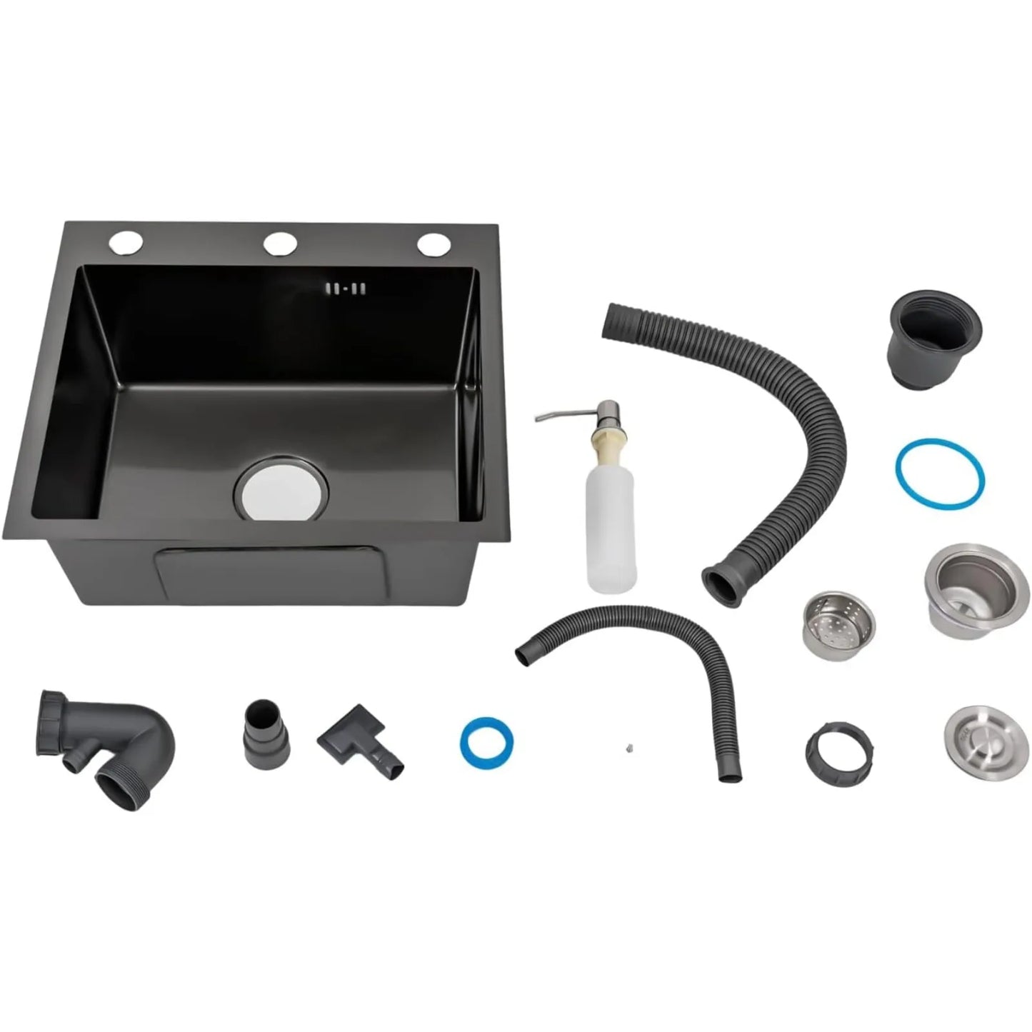 Stainless Steel Sink Kitchen Single Bowl Sink 50 x 45 cm Matte Black with Pipe & Soap Dispenser