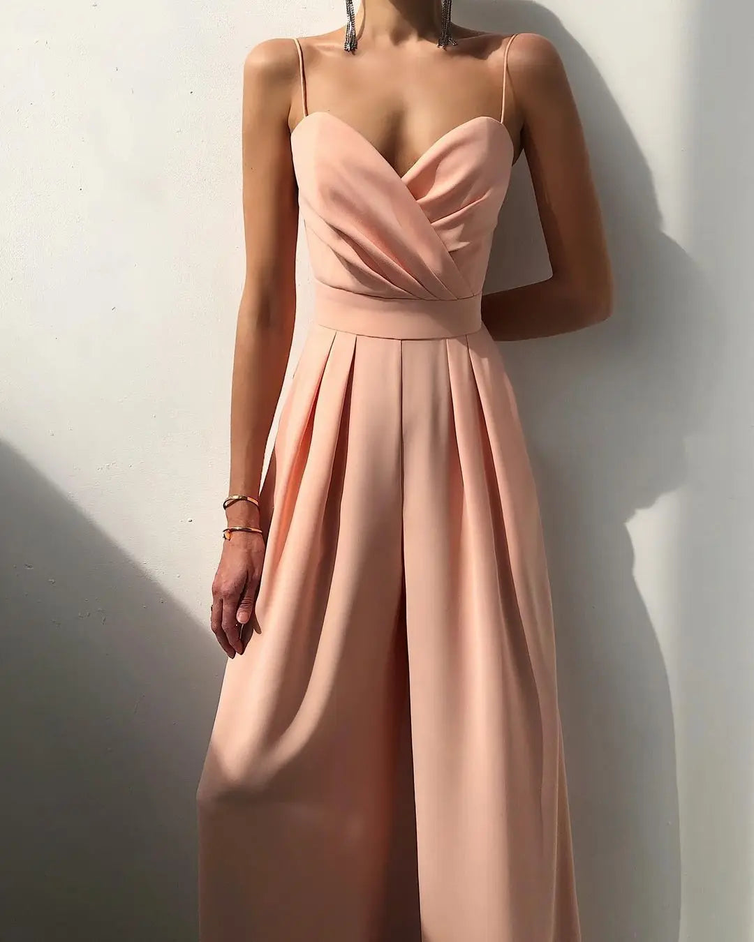 2025 Spring Summer Chiffon Elegant Jumpsuits Women Spaghetti Strap High Waist Wide Leg Jumpsuits Overalls Solid Womens Jumpsuit