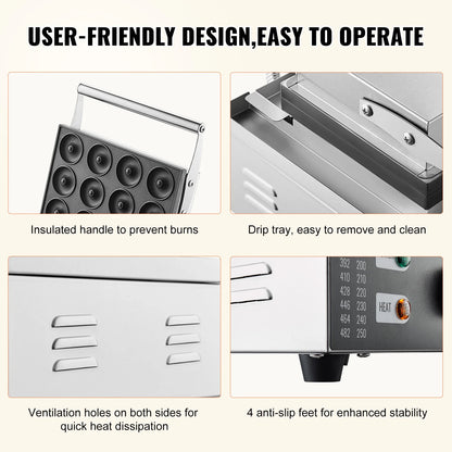 SucceBuy 6/12 Hole Electric Donut Maker Commercial Doughnut Machine with Non-stick Surface Double-Sided Heating Waffle Machine.