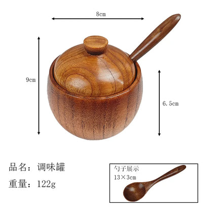 Kitchen Seasoning Jar Creative Retro Wooden Salt Pot Seasoning Storage Jar Spice Pot With Lid.