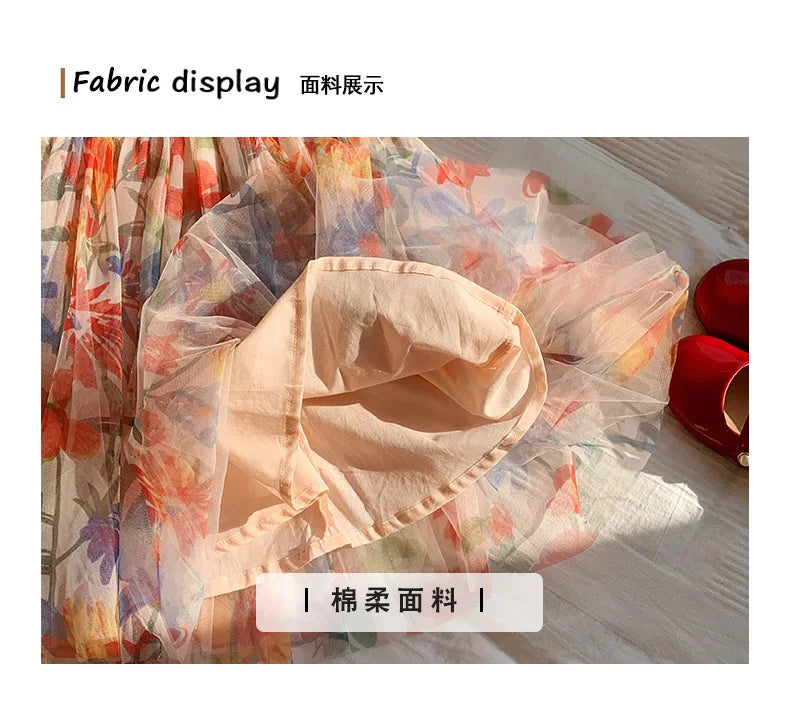2023 sommer Kinder Kleidung Puff Sleeve Blumen Druck Kleid Für Mädchen Mesh Kinder Kleid für Mädchen.