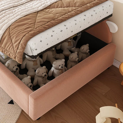 Polsterbett, Einzelbett, Babybett, niedlicher Hasenkopf, hydraulisches Bett mit Stauraum, erhöhter weicher Zaun, Samt, rosa + weiß, 90 x 200 cm