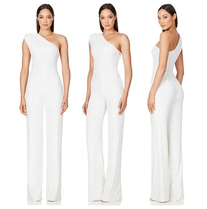 Women Elegant Long Jumpsuits Sexy Glitter Sequin Club Ladies Playsuits Slanted Collar Party Fashion Backless Solid Romper 2024.