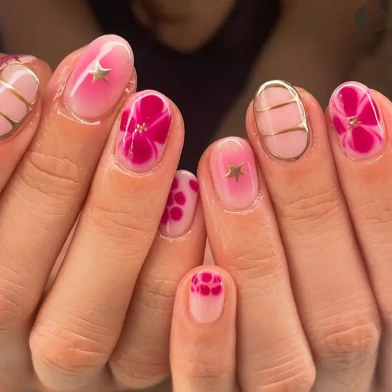 24pcs Women'S Nail Set Burgundy Almond Shape Medium Length Solid Color with Floral Golden Dust Design Fake Nails for Women/Girls