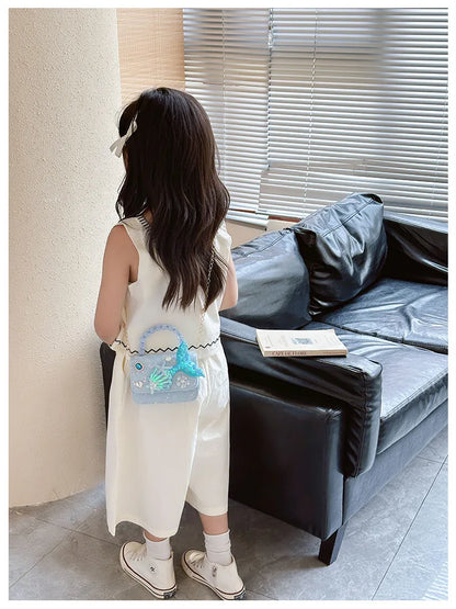 Lovely Sequin Girls Square Shoulder Bag Fish Tail Starfish Princess Crossbody Bags Bead Handle Children's Small Handbags Purse