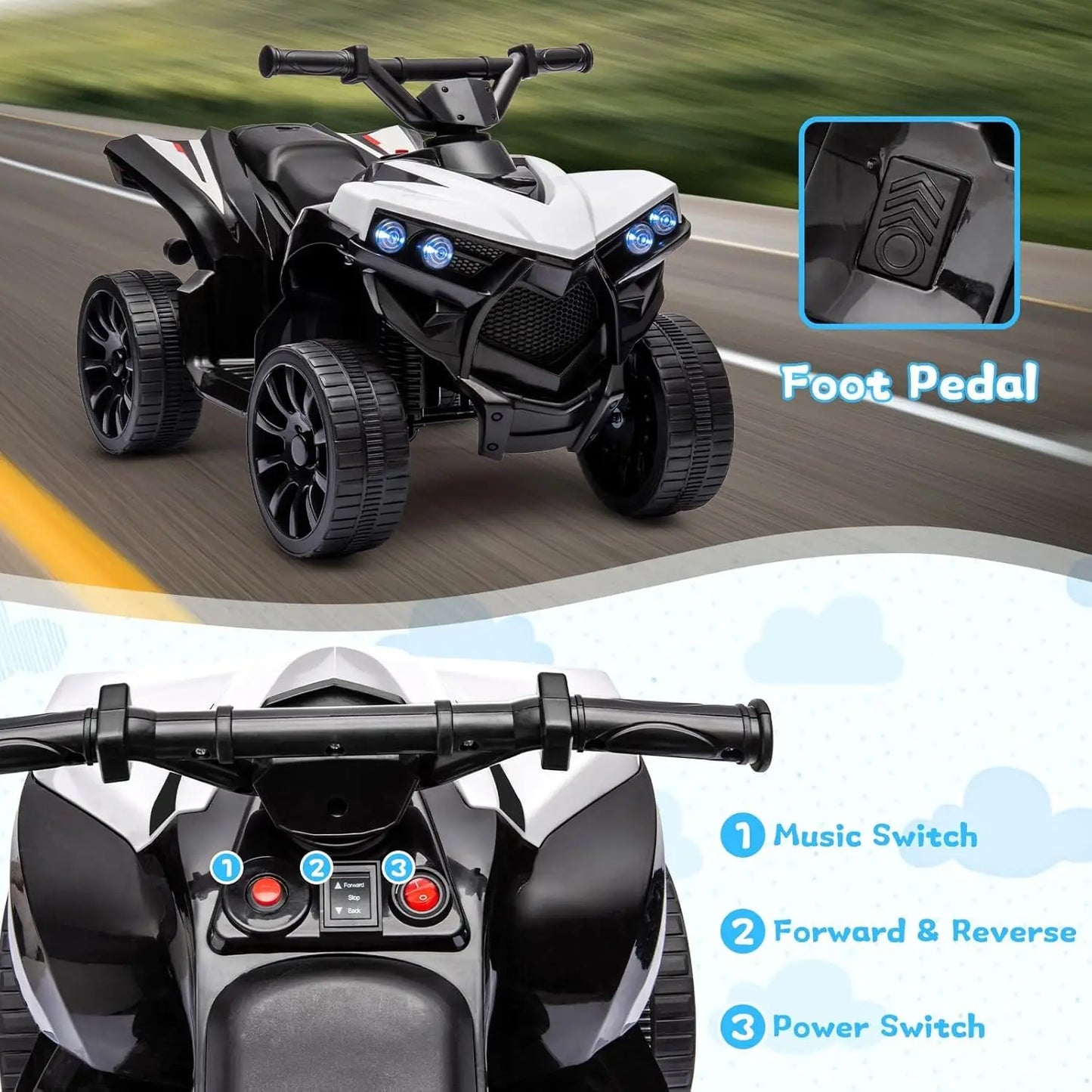 6V Electric Quad For Kids, Electric Car With LED Lights And Music, 1.5-3 km/h, Horn, ATV For Children, Perfect Gift For Kids.