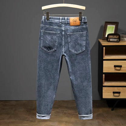 2024 New Spring Autumn Men's Nine-Point Pants Slim Jeans Fashion Casual Denim Trousers Smoke Gray Blue Gray Brand Clothing.