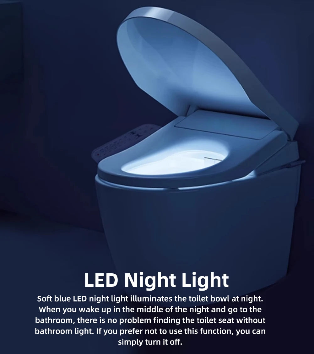 Intelligenter, länglicher Toilettensitzbezug – beheizt, wassersparend, automatische Reinigungsdüse, langsam schließend, trocken, LED-Licht für modernes Badezimmer