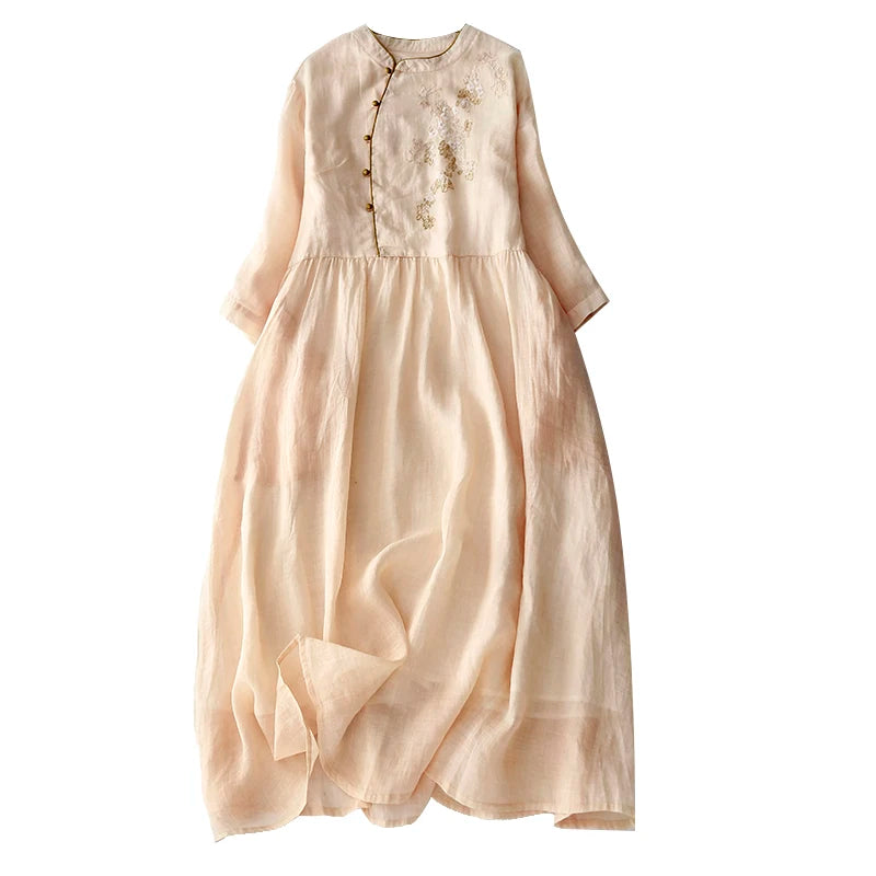 Vintage lange Damen kleider neue chinesische Stickerei koreanische Kleidung Sommer Kurzarm lose Freizeit kleid.