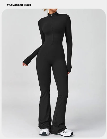 Women's One-piece Yoga Jumpsuit Long Sleeve Zipper Slim Fit Sports Outfit Flare Tights Quick-drying Hip Lift Gym Fitness Clothes.