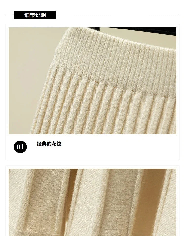 2025 Brand Designer Women Autumn Winter Thick Elegant Chic Solid Pleated Skirt High Waist Luxury Fashion With Elastic Female