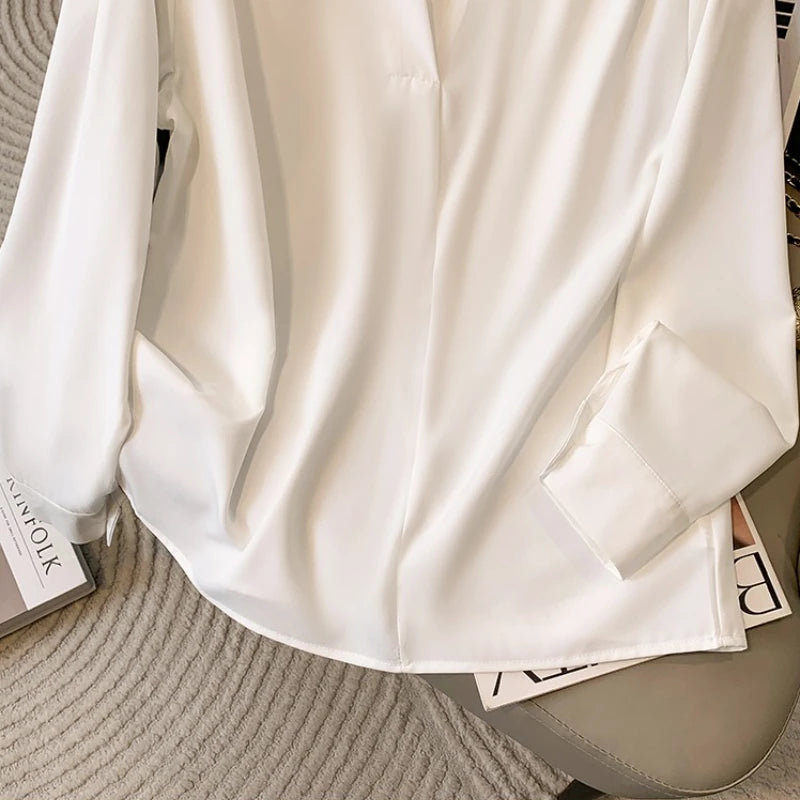 Big Size Women Shirts 2025 Spring Autumn Long Sleeve Office Lady V-Neck Solid Color Blouses Elegant and Youth Woman Tops.