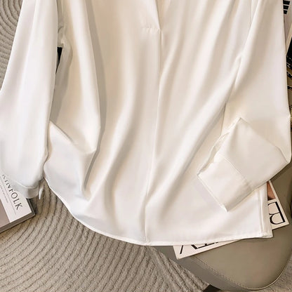 Big Size Women Shirts 2025 Spring Autumn Long Sleeve Office Lady V-Neck Solid Color Blouses Elegant and Youth Woman Tops.