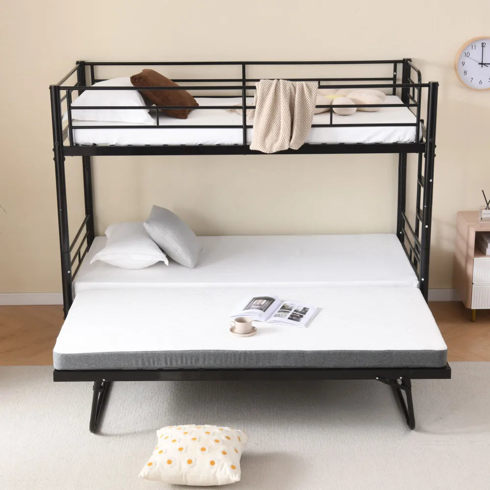 Etagenbett aus Metall, 90 x 200 cm, Etagenbett mit ausklappbarem Bett, erweiterbar auf zwei Einzelbetten oder Erwachsenenbetten, Schwarz