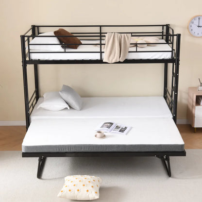 Etagenbett aus Metall, 90 x 200 cm, Etagenbett mit ausklappbarem Bett, erweiterbar auf zwei Einzelbetten oder Erwachsenenbetten, Schwarz