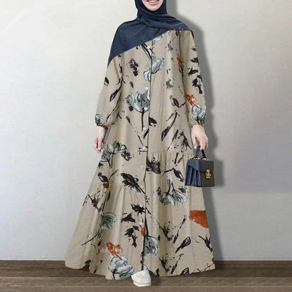 Muslim Women Abayat Cotton Linen Long Sleeve Abaya Femme Fashion Loose Casual Floral  Dress Europe America Middle East Arab.