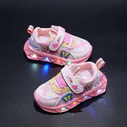 Disney LED Casual Sneakers For Spring Girls Frozen Elsa Princess Print Pu Leather Shoes Children Lighted Non-slip Pink Purple.