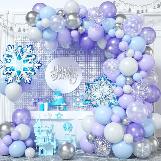Frozen Ballonbogen-Set, 117-teilig, Frozen-Party-Dekoration, lila, blau, weiß, metallisch, silberfarben, Latexballon, Schneeflocke, Aluminiumfolie für Weihnachten, Winter, Wunderland, Prinzessin, Geburtstag, Babyparty, Part.