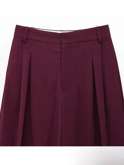 KONDALA Vintage Chic Office Lady Red Solid Women Suit Notched Single Button Pockets Blazer Straight Loose Pants Fashion 2025 Set.