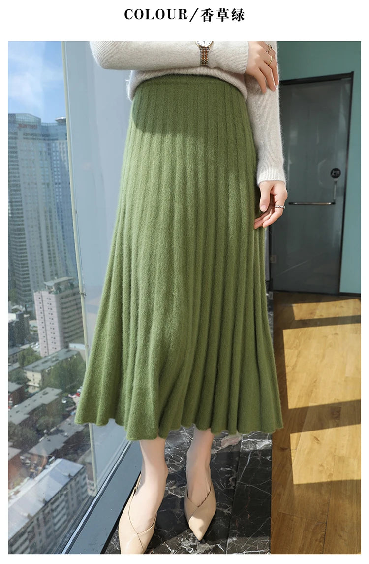 mink cashmere skirt Fashion long dress women A-line skirt autumn winter loose pleated skirt elegant high-waisted skirt ladies.